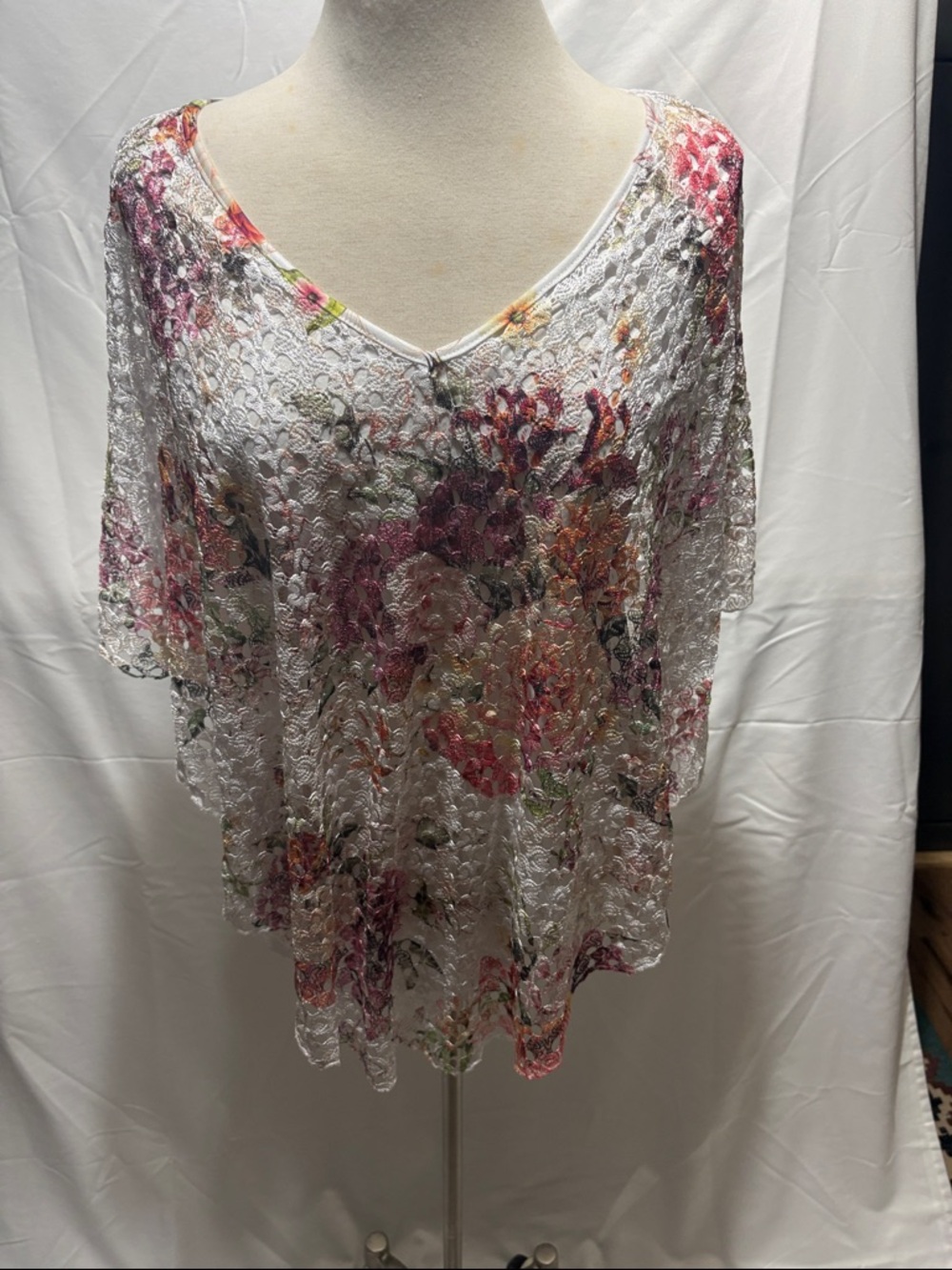 Brittany Black White Lace Floral V-Neck Top with Pink and Green Accents